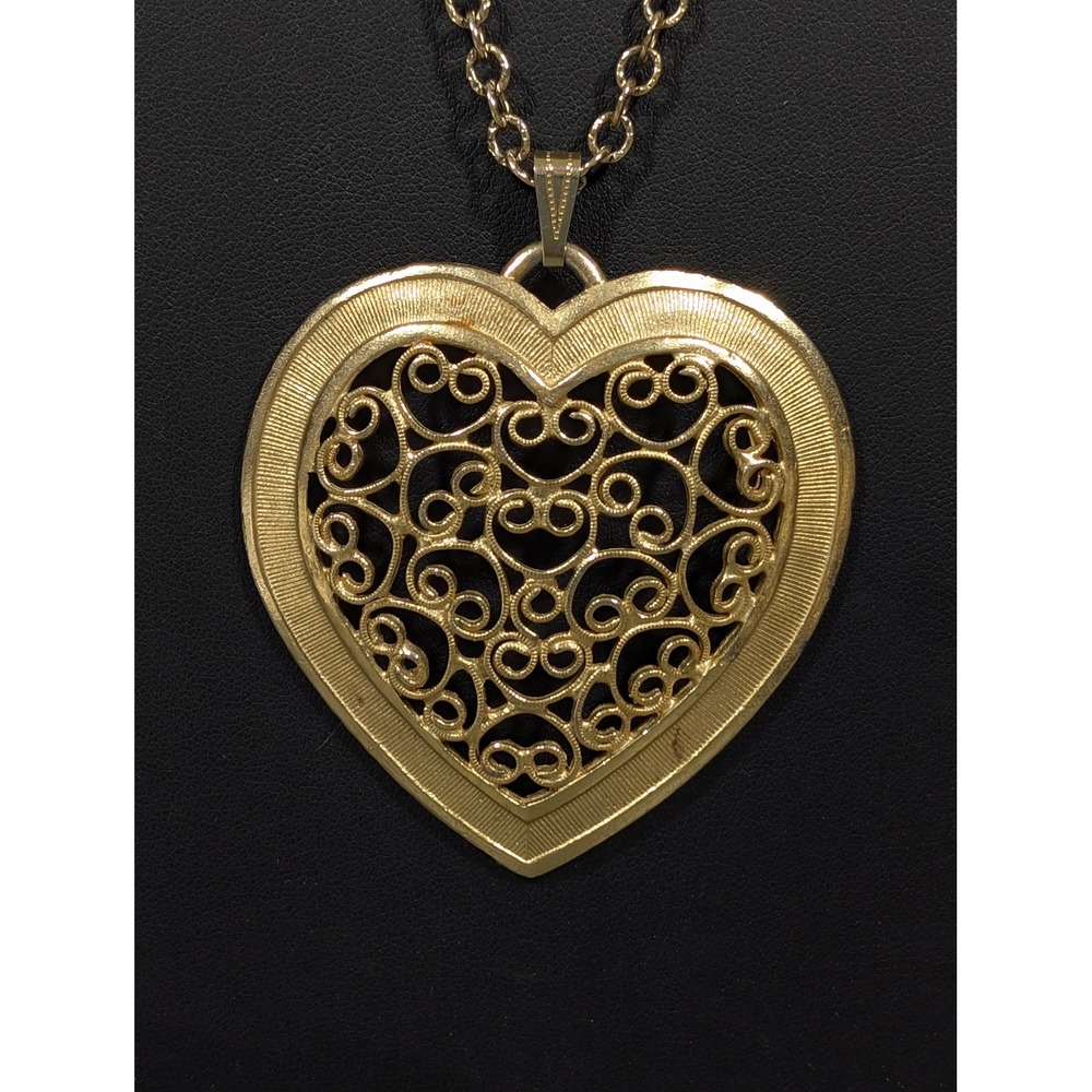 Vintage Gold Tone Filigree Heart Pendant Necklace Long 26" Chain